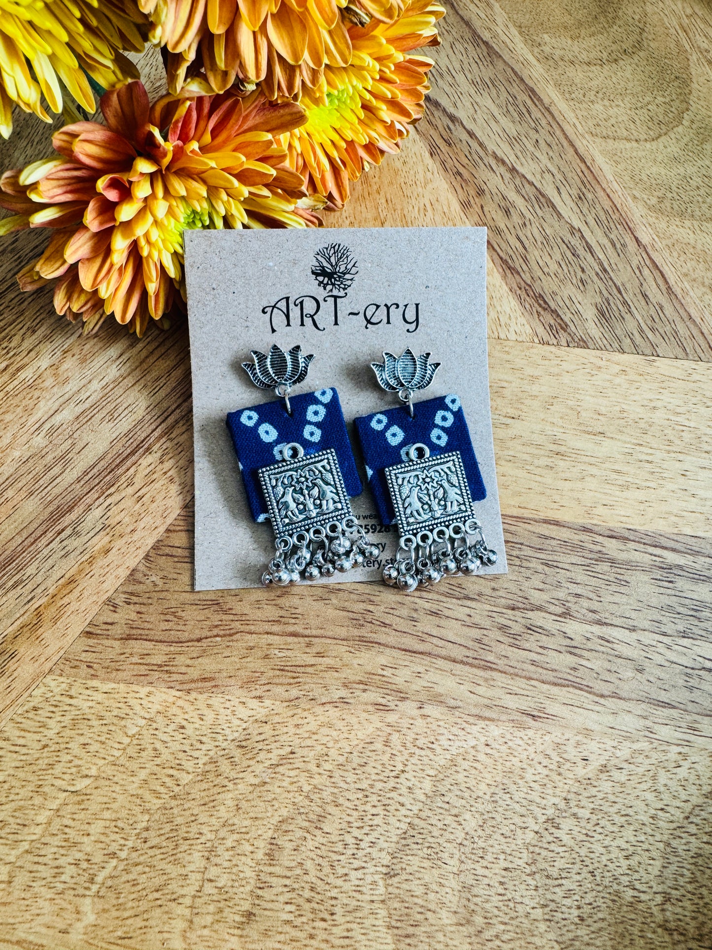 Blue square fabric earrings