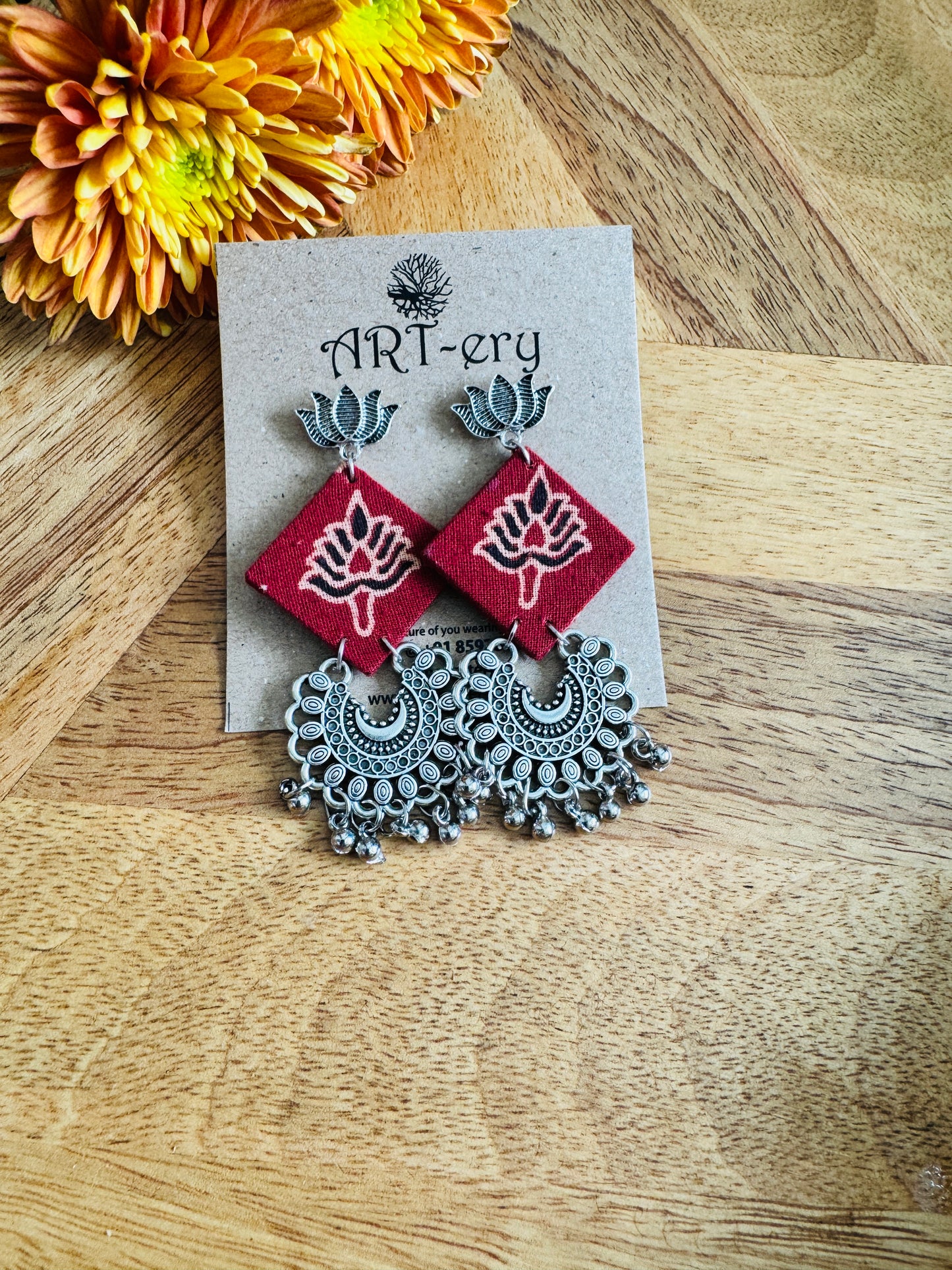 Ethnic red square fabric earrings