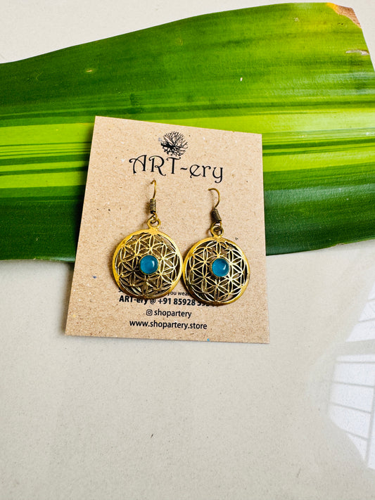 Filigree work brass earrings with green stone