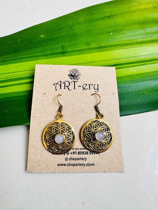 Filigree work brass earrings with grey stone