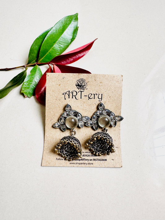 Oxidised silver earrings -  white stone