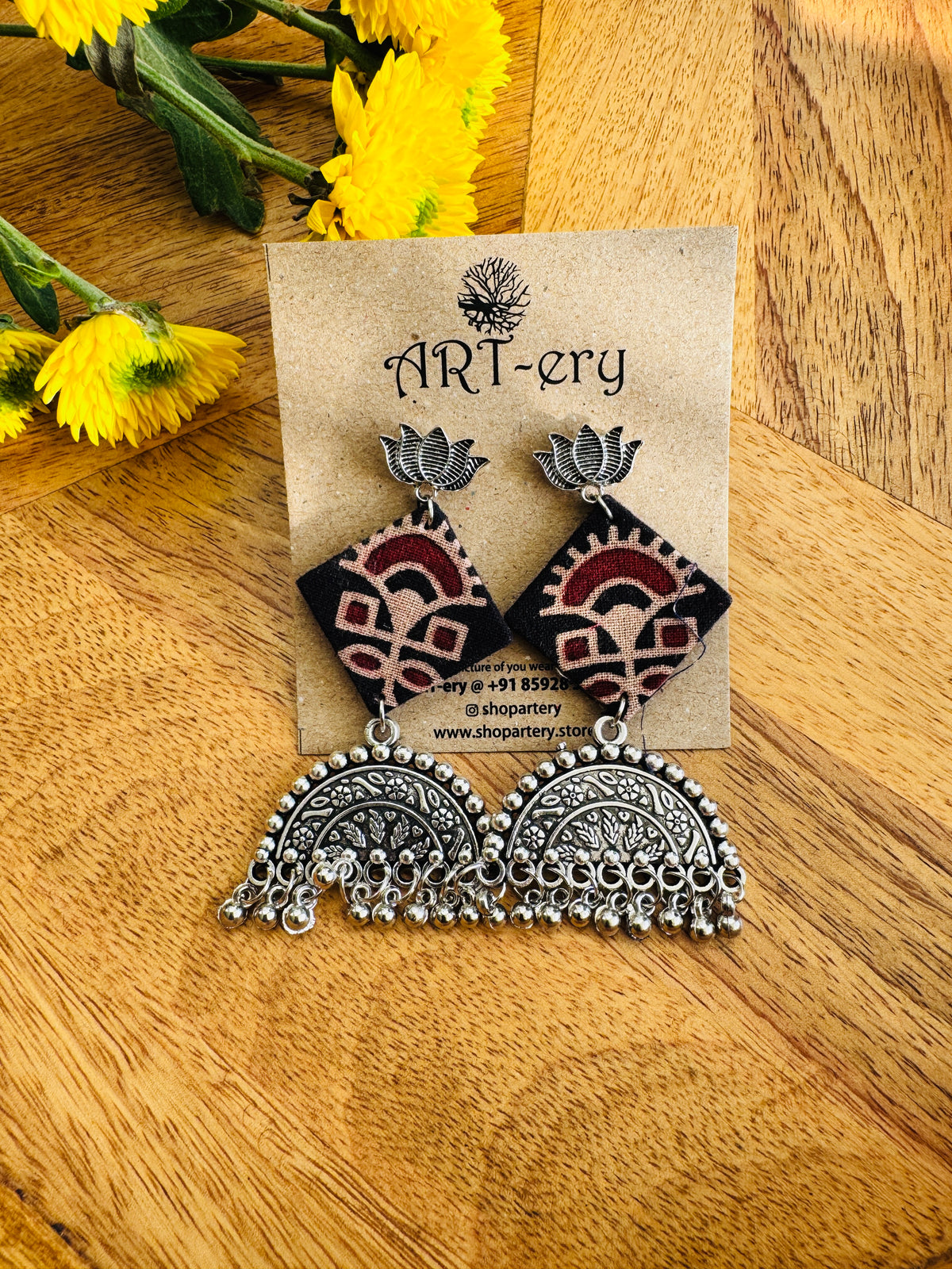Handmade Fabric & Oxidised Silver Earrings - Brown diamond shaped earrings