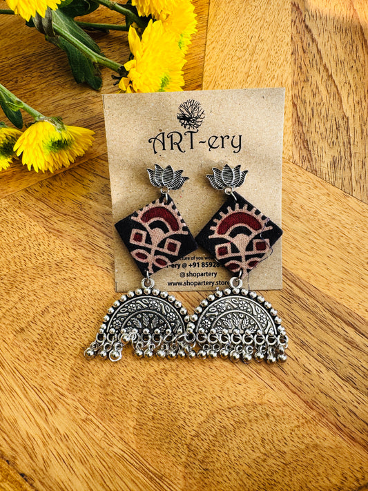 Handmade Fabric & Oxidised Silver Earrings - Brown diamond shaped earrings