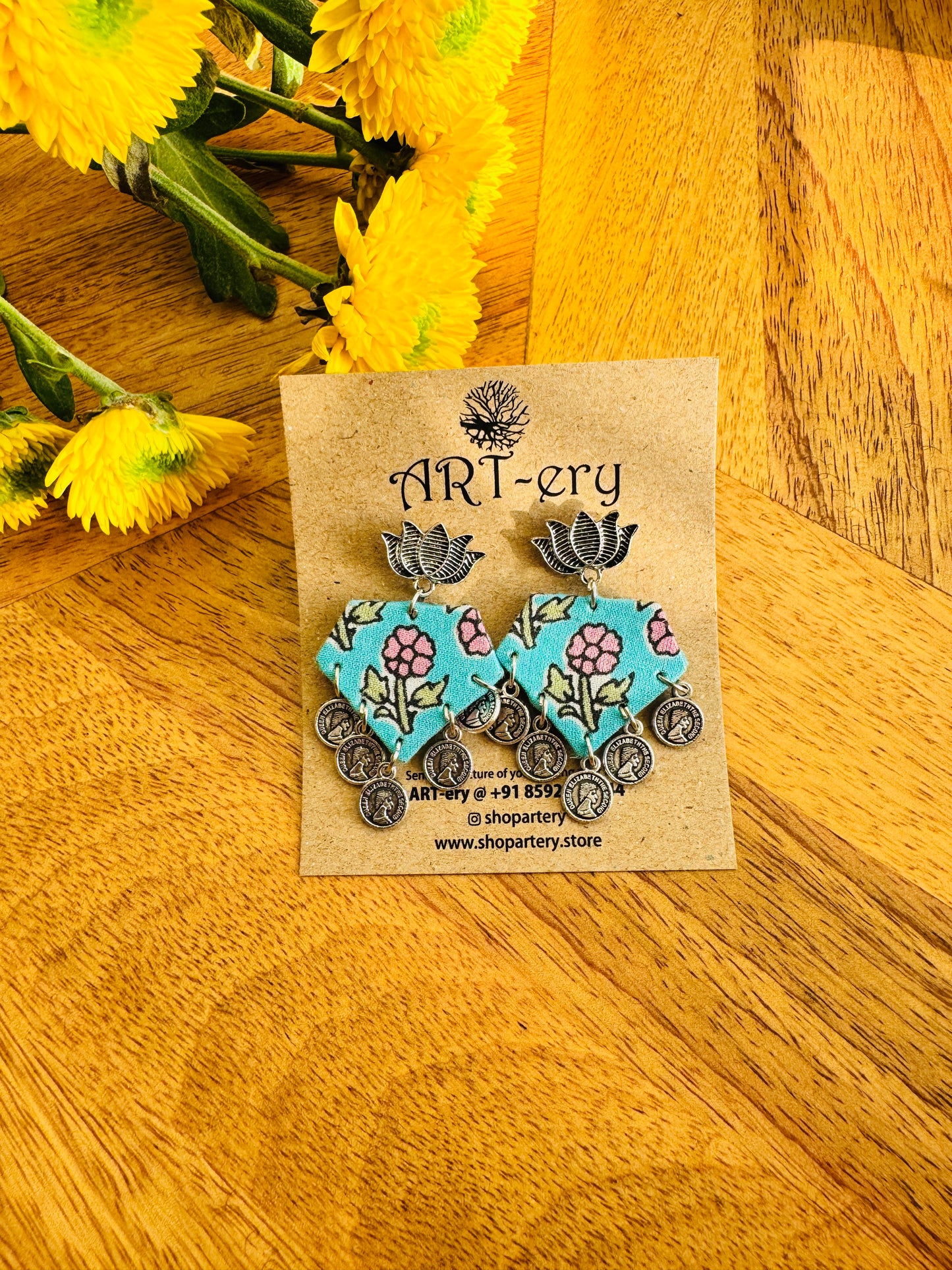 Handmade Fabric & Oxidised Silver Earrings - light green printed earrings