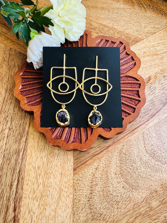 Handcrafted brass earring - Purple stone Evil eye