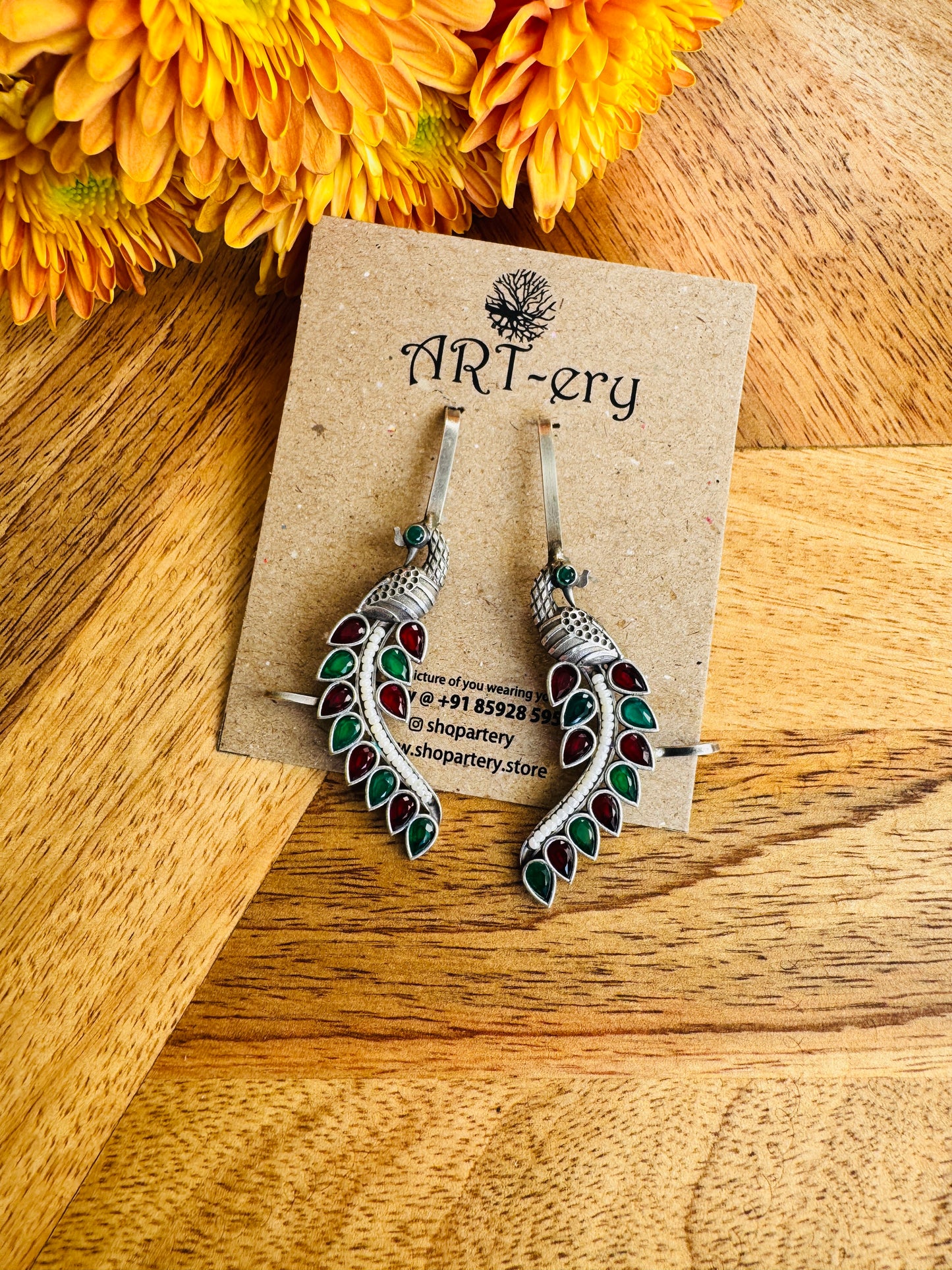 Oxidised silver bugadi ear cuff - Peacock design with stones Green/Red