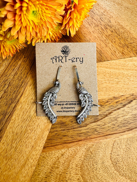 Oxidised silver bugadi ear cuff - Peacock design with stones White