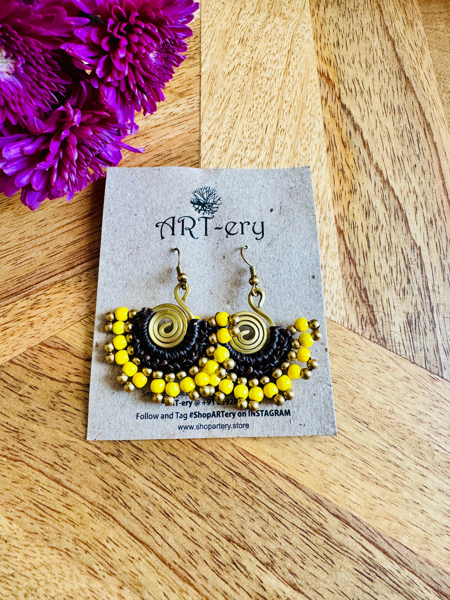 Handcrafted beaded earrings - brown and yellow