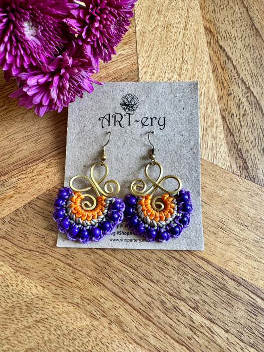 Handcrafted beaded earrings - Purple and Orange