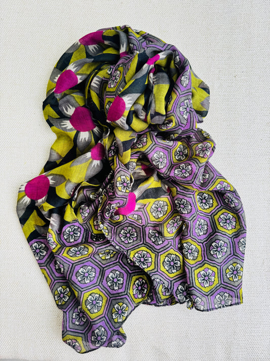 Bright poly cotton scarf - Lightweight long stole - Purple multicolor