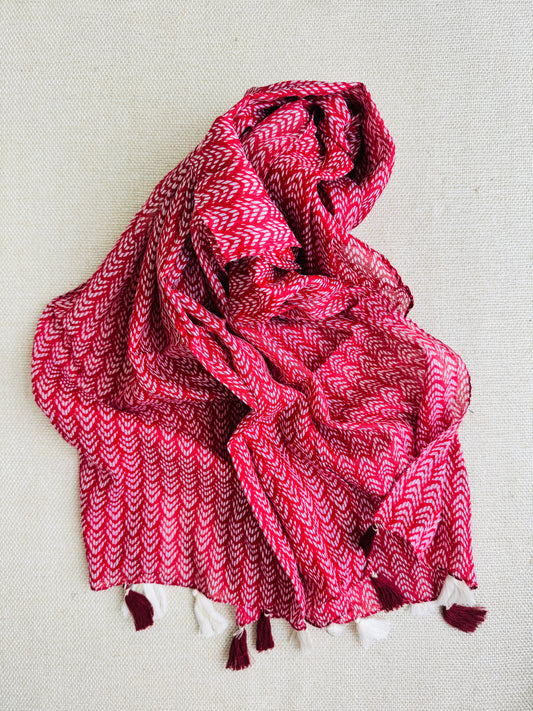 Bright poly cotton scarf - Lightweight long stole - Maroon tasseled stole