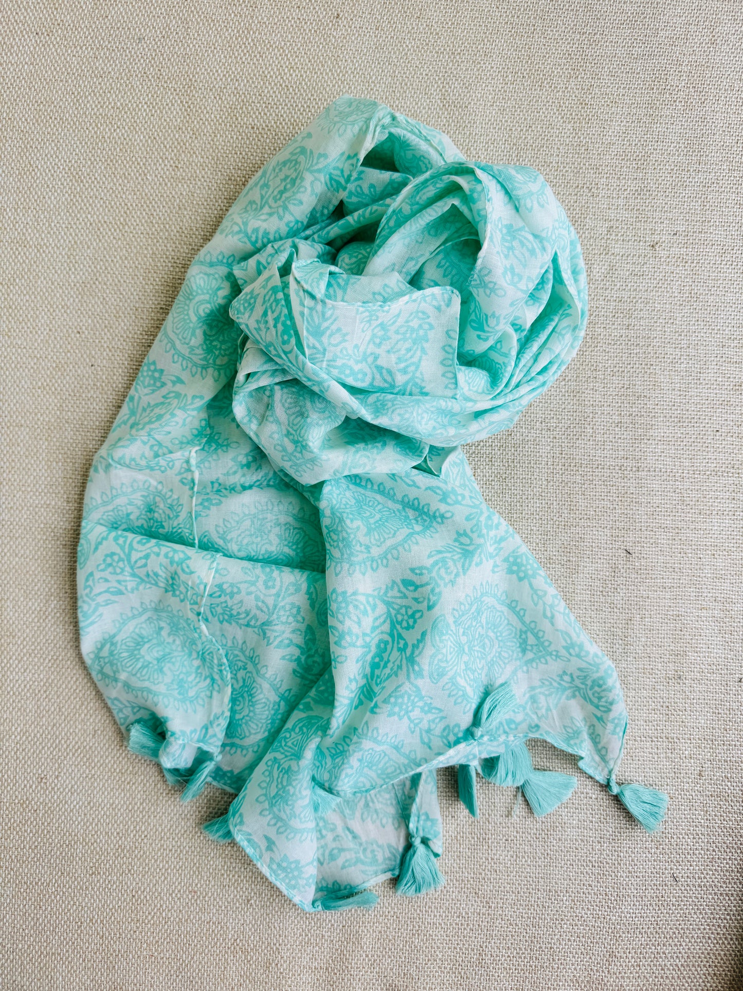 Bright poly cotton scarf - Lightweight long stole - Pastel green tasseled