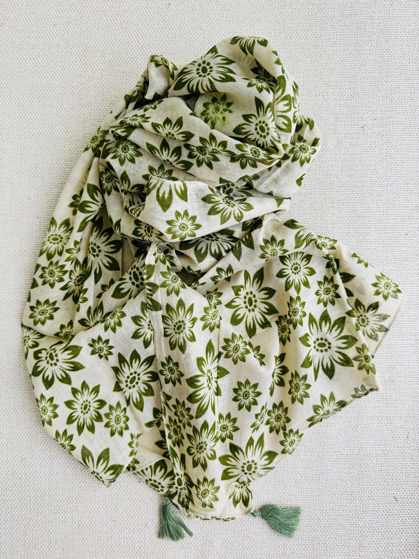 Bright poly cotton scarf - Lightweight long stole - Olive green tasseled