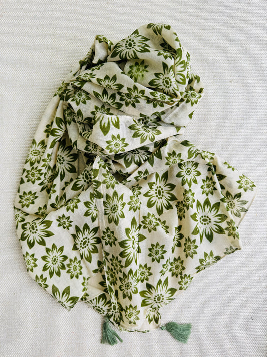 Bright poly cotton scarf - Lightweight long stole - Olive green tasseled