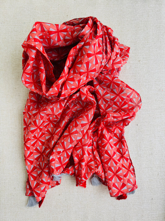 Bright poly cotton scarf - Lightweight long stole - Red printed tasseled