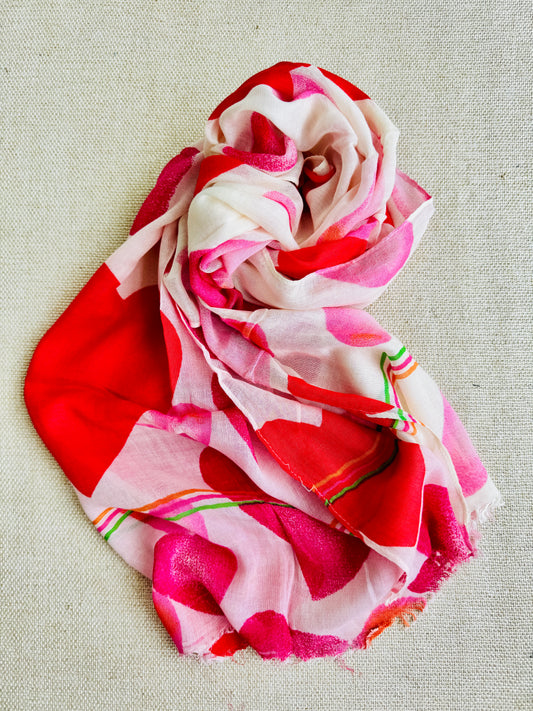 Bright poly cotton scarf - Lightweight long stole - red and white