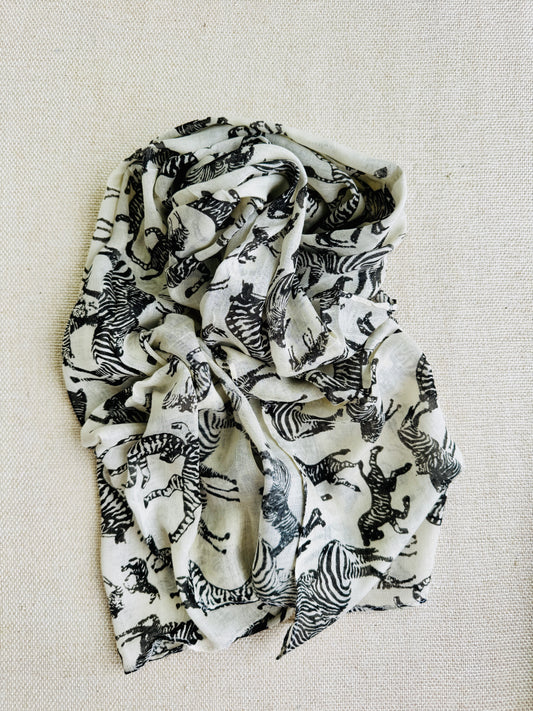 Bright poly cotton scarf - Lightweight long stole - black and white zebra scarf