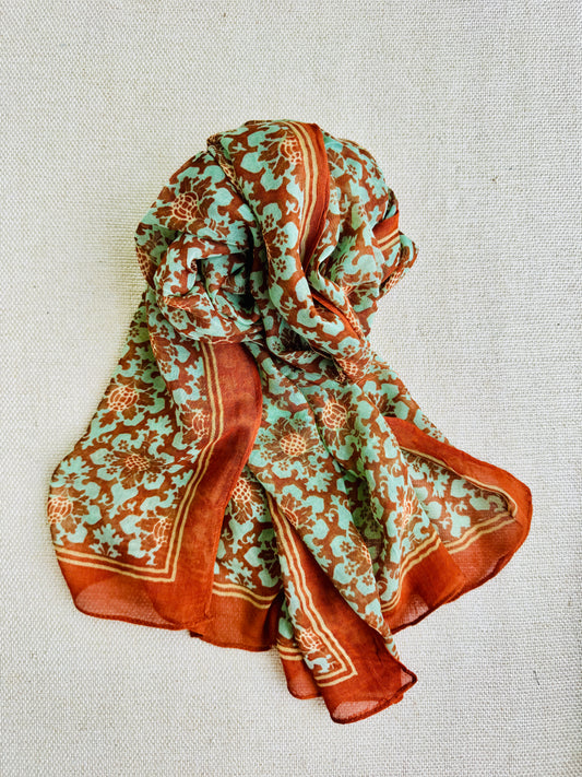 Bright poly cotton scarf - Lightweight long stole - brown and sea green scarf