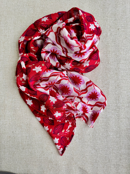 Bright poly cotton scarf - Lightweight long stole - Bright red floral  printed scarf