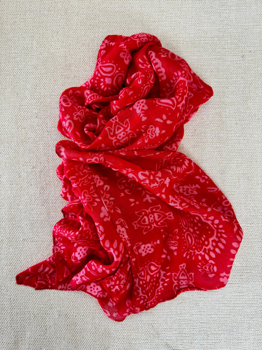 Lightweight Printed Poly-Cotton Scarf for Women - Red