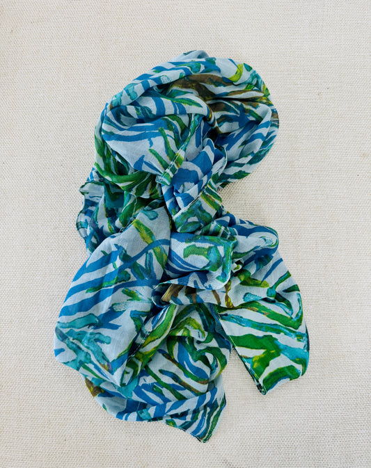Lightweight Printed Poly-Cotton Scarf for Women Green and white