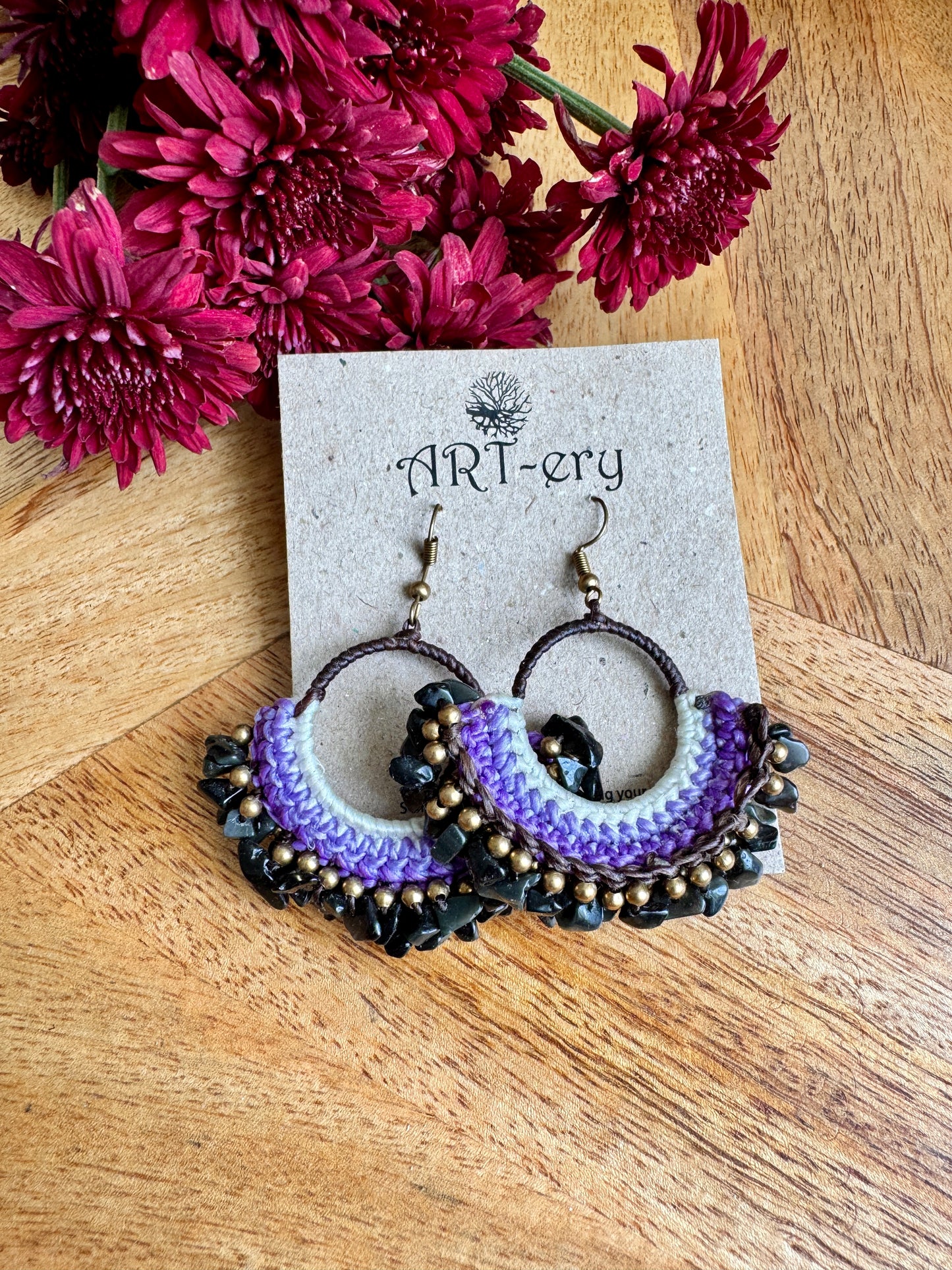 Handcrafted  Crochet earrings - Black and Lavender