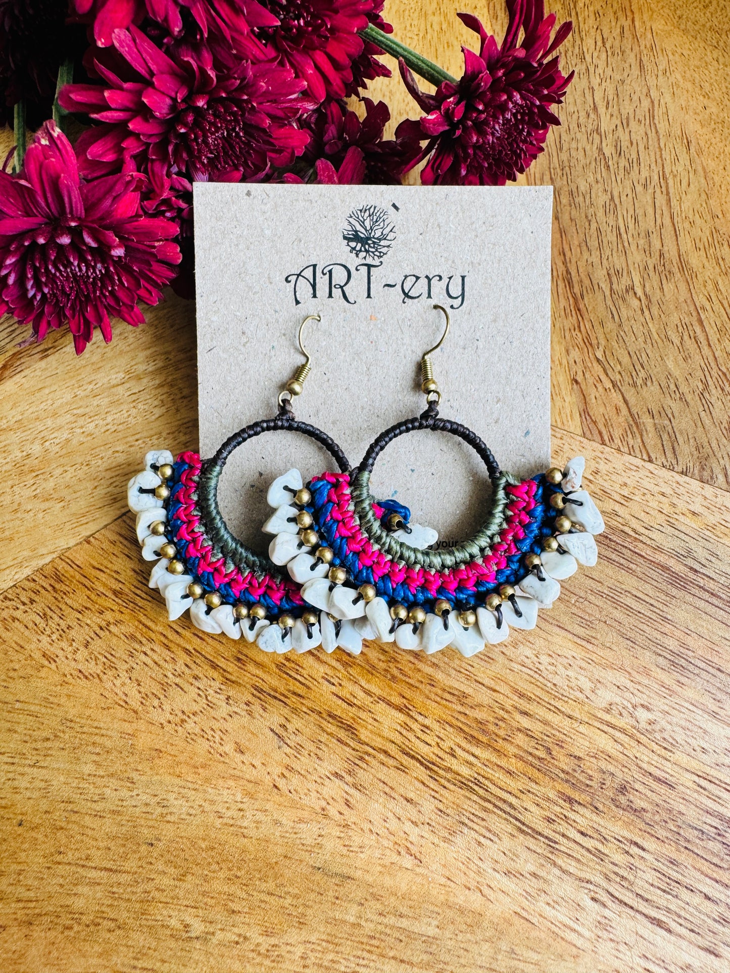 Handcrafted  Crochet earrings - white stone