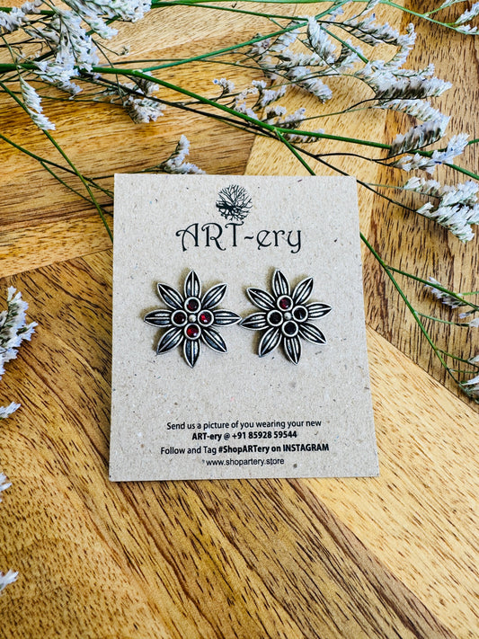 Oxidised silver flower stud - Red