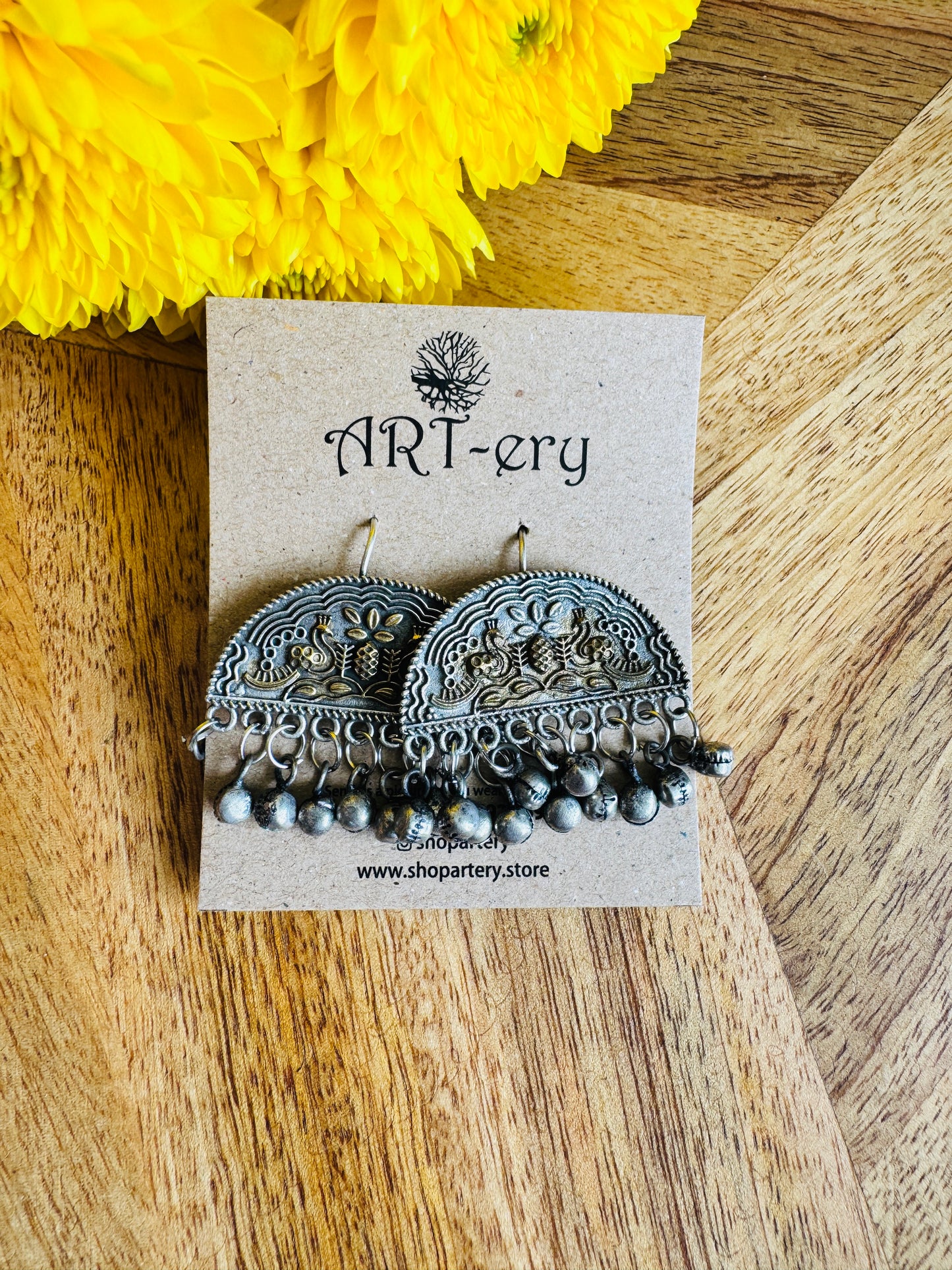 Semi circle hook typer dangler in oxidised silver
