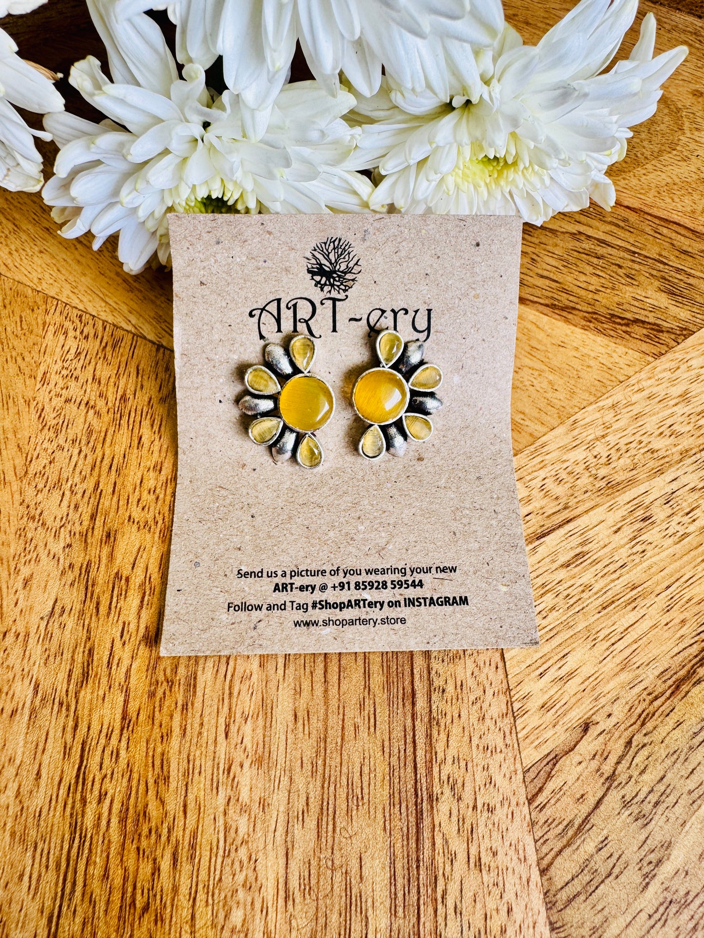 Semi circle light green stone earring - yellow