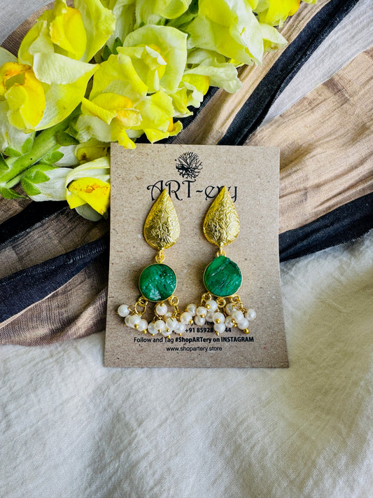 Brass earrings with pearl cluster  - Green