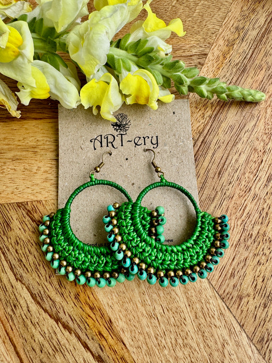 Colorful Beaded Thread Dangler Earrings – Handmade by Far East Artisans | ART-ery Jewellery - Green