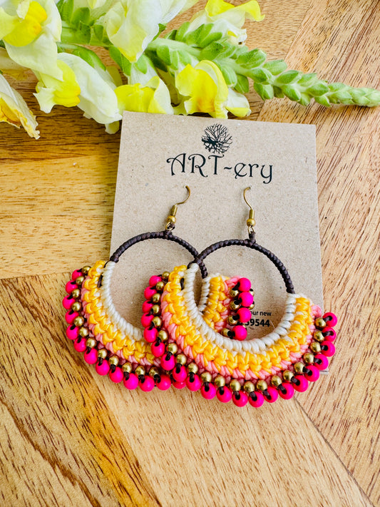 Colorful Beaded Thread Dangler Earrings – Handmade by Far East Artisans | ART-ery Jewellery - Yellow pink