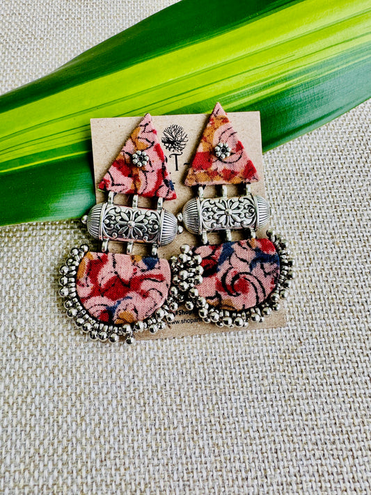 Fabric Earrings with indian fabric  - Large size with gunghroo  - Kalamkari