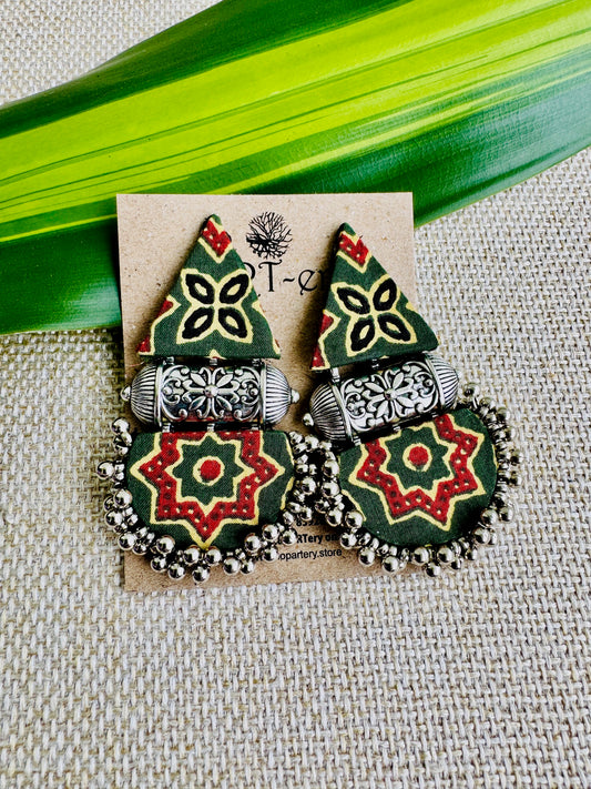 Fabric Earrings with indian fabric  - Large size with gunghroo - Green