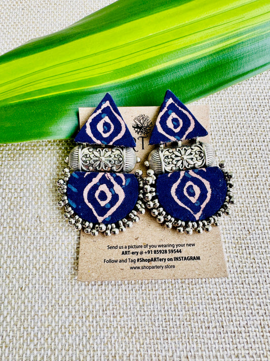 Fabric Earrings with indian fabric  - Large size with gunghroo - Indigo