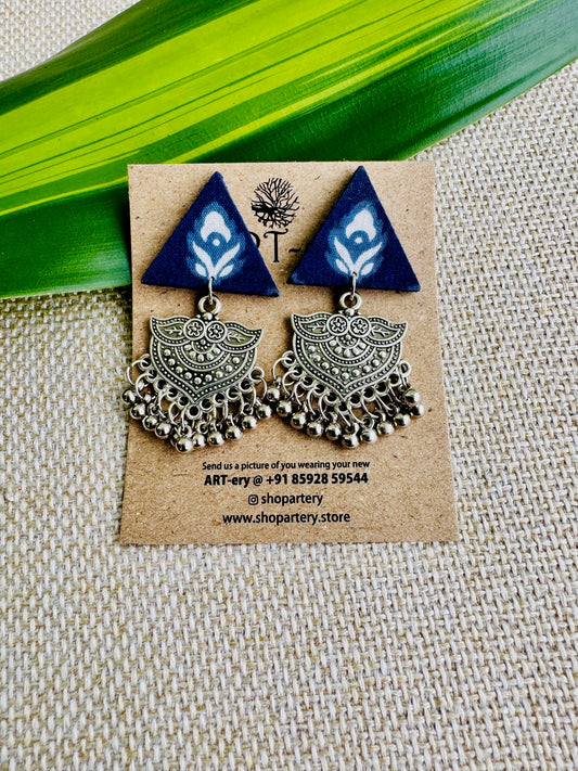 Fabric earrings Triangular blue tone