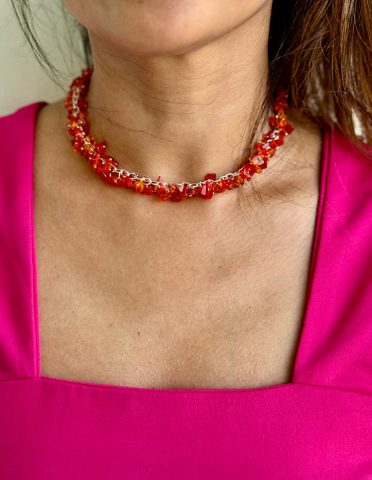 Floral crystals statement necklace - Bold red