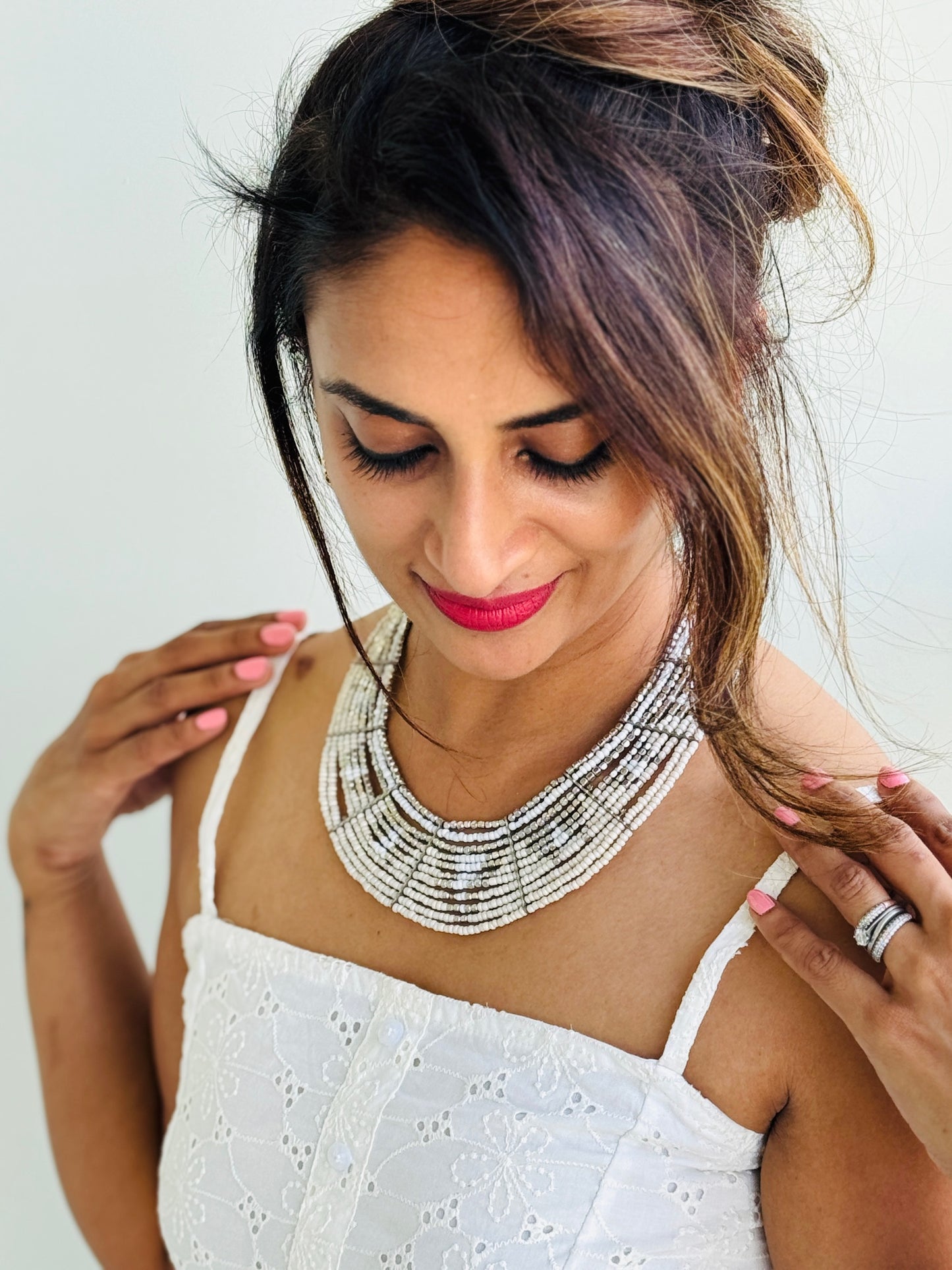 Off white and silver cluster necklace