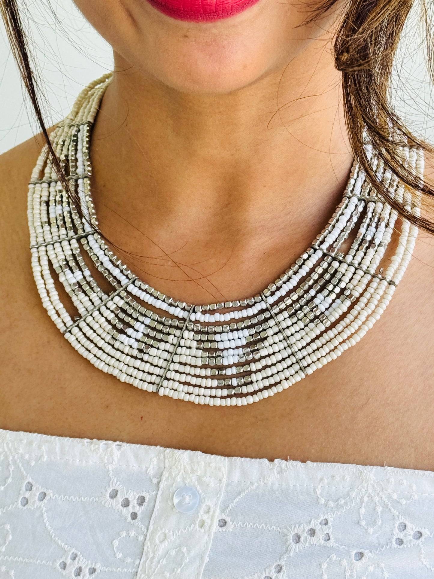 Off white and silver cluster necklace