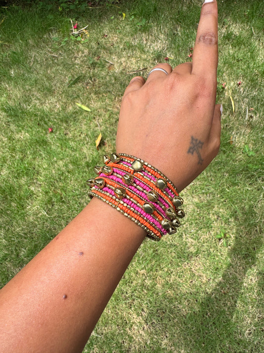 Broad beaded arm cuff with gunghroo - Orange