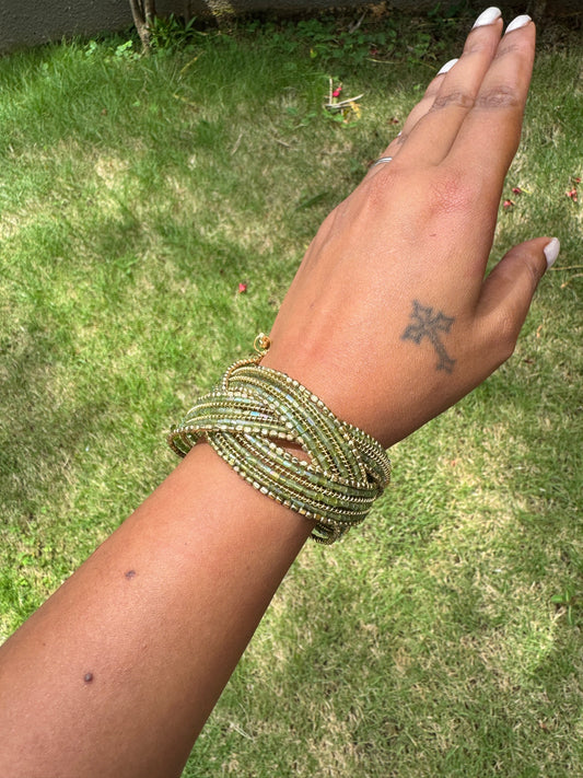 Beaded green and gold free size arm cuff