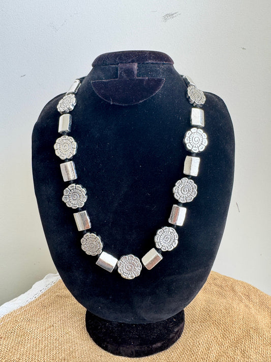 Oxidised Silver Beads Necklace  - Abstract