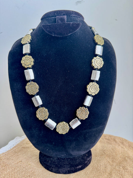 Oxidised Silver - Gold Beads Necklace  - Abstract