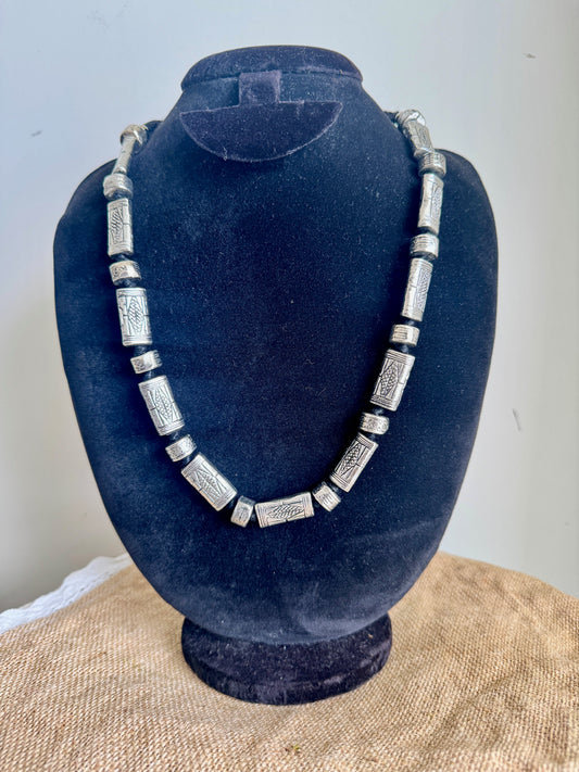 Oxidised Silver Beads Necklace  - Rectangle Silver