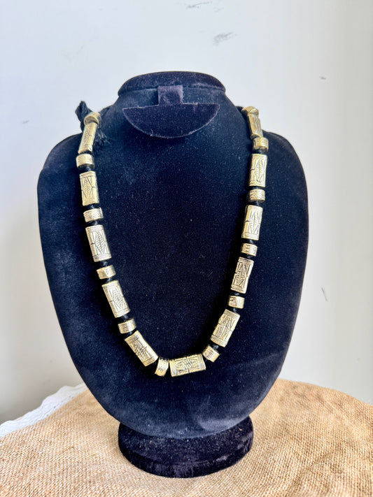 Oxidised Silver Beads Necklace  - Rectangle gold