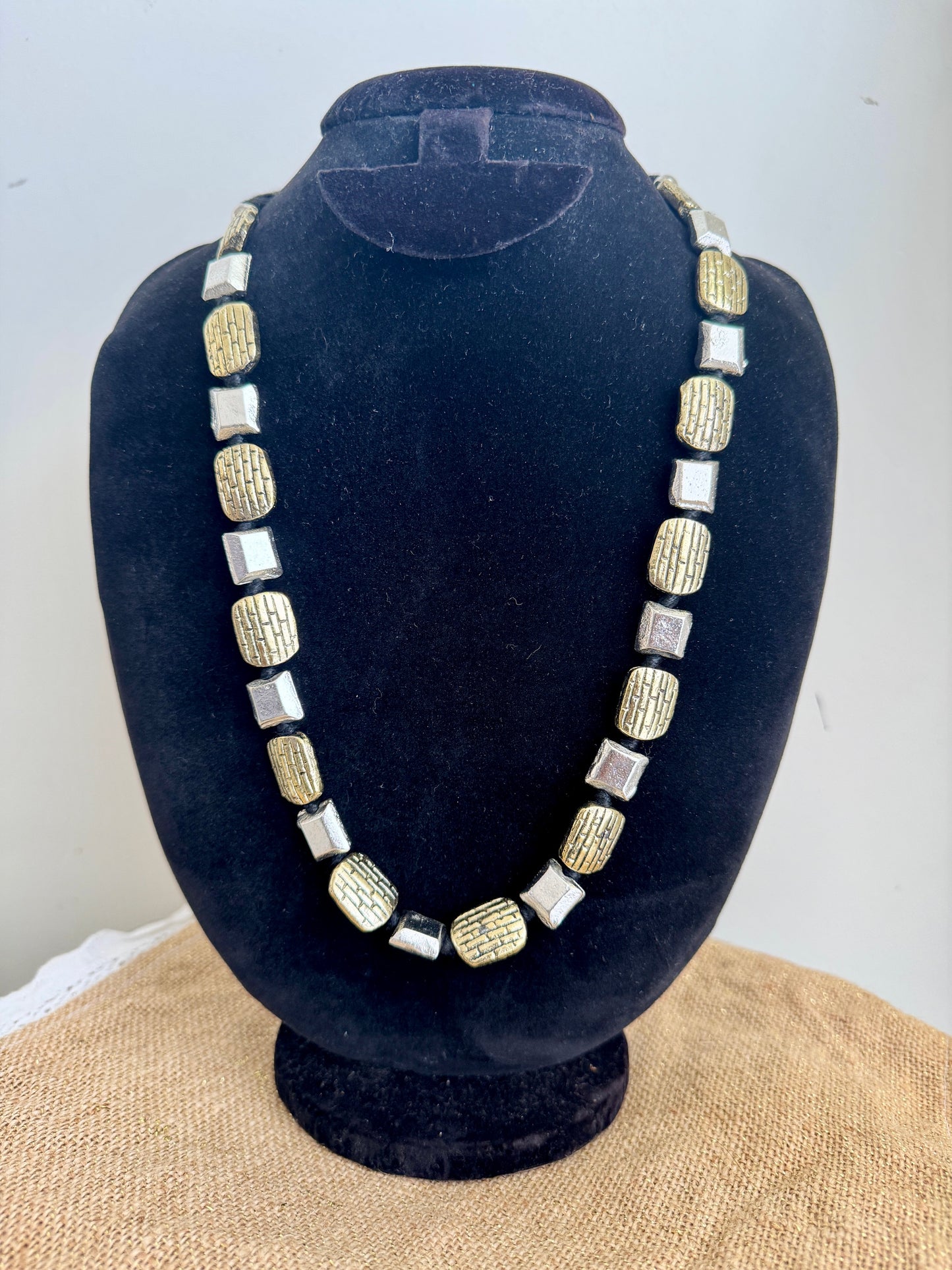 Oxidised Silver Beads Necklace  - Two Tone Silver