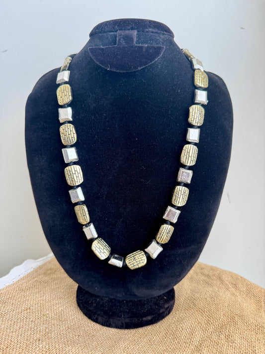 Oxidised Silver Beads Necklace  - Two Tone Silver