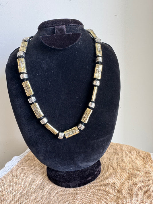 Oxidised Silver Beads Necklace  - Rectangle two tone
