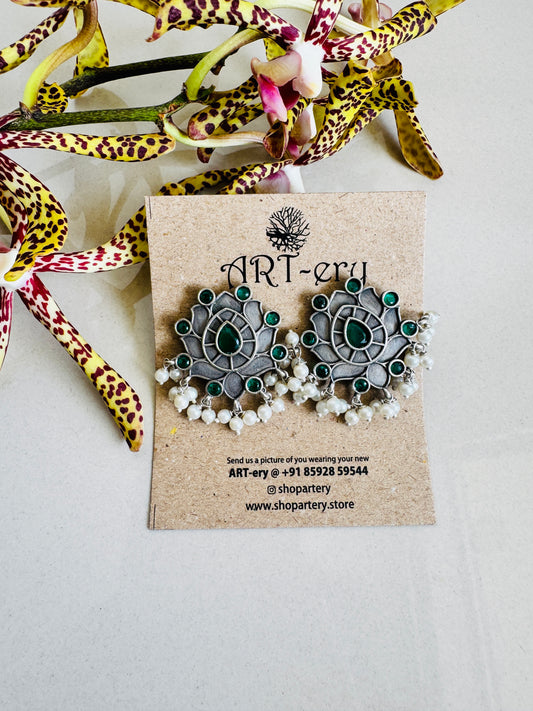 Oxidised silver earrings - green stones and beads